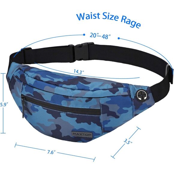 Women Men Camo Blue Large Crossbody Fanny Pack Belt Bag Hands-Free Waist Pack - Picture 5 of 7